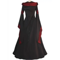 Black and red hooded medieval revival victorian dress with high collar and long flowing sleeves in elegant fabric
