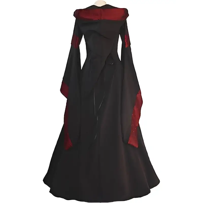 Black and red hooded medieval revival victorian dress with high collar and long flowing sleeves in elegant fabric