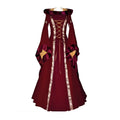 A rich burgundy hooded medieval revival victorian dress with a high collar lace-up front and gold-trimmed cuffs and long flowing sleeves