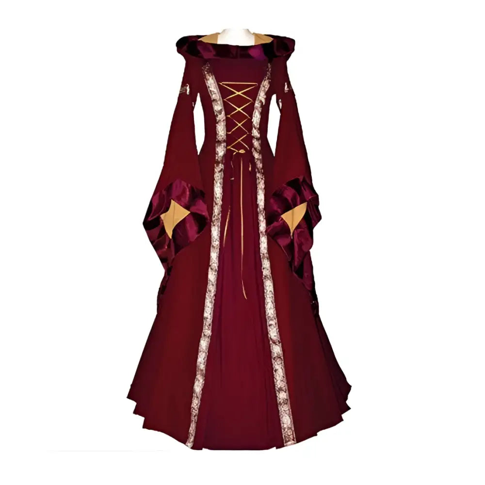 A rich burgundy hooded medieval revival victorian dress with a high collar lace-up front and gold-trimmed cuffs and long flowing sleeves