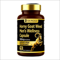 Dark brown bottle with gold cap and label featuring golden text and horned goat illustration for men’s wellness capsule