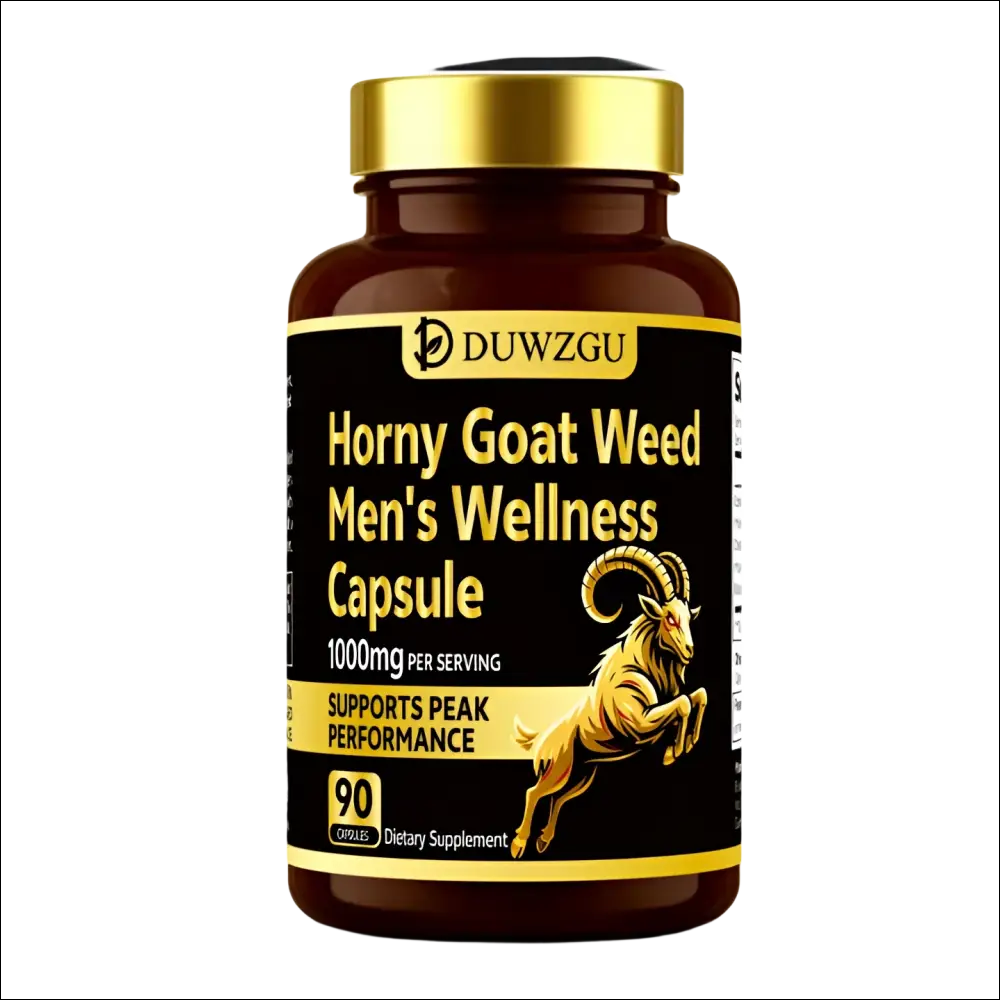 Dark brown bottle with gold cap and label featuring golden text and horned goat illustration for men’s wellness capsule