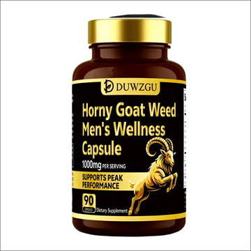 Dark brown bottle with gold cap and label featuring golden text and horned goat illustration for men’s wellness capsule