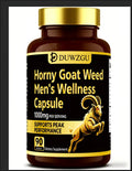 Dark brown bottle with gold cap and duwzgu label for horny goat weed mens wellness capsule featuring a golden goat illustration