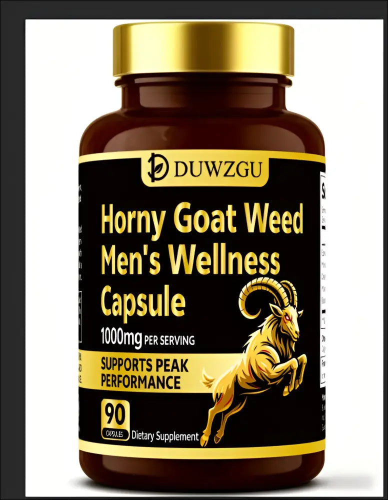 Dark brown bottle with gold cap and duwzgu label for horny goat weed mens wellness capsule featuring a golden goat illustration