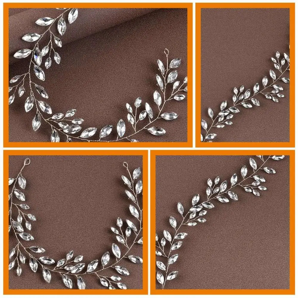 Silver leaf horse eye silver flexible chain wedding hair accessory adorned with clear faceted crystals