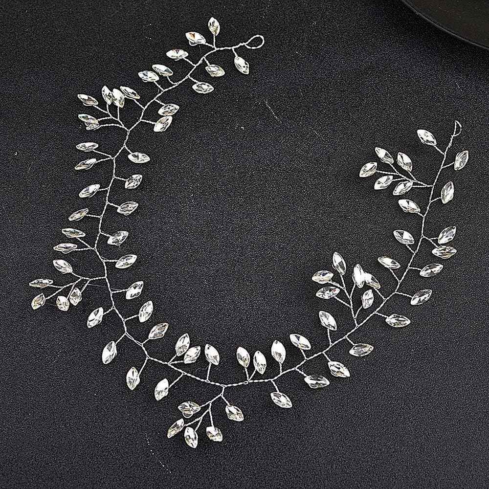 Silver leafy horse eye silver flexible chain wedding hair accessory adorned with clear faceted crystals