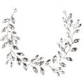 Silver leaf-shaped horse eye silver wedding hair accessory with clear faceted crystals and flexible chain design