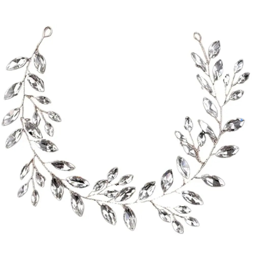 Silver leaf-shaped horse eye silver wedding hair accessory with clear faceted crystals and flexible chain design