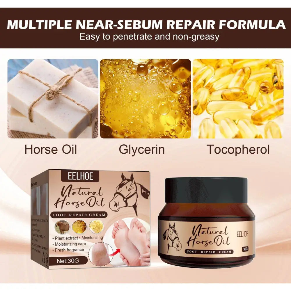 A brown jar with black lid containing eelhoe natural horse oil foot cream for dry cracked feet 30g with horse illustration label