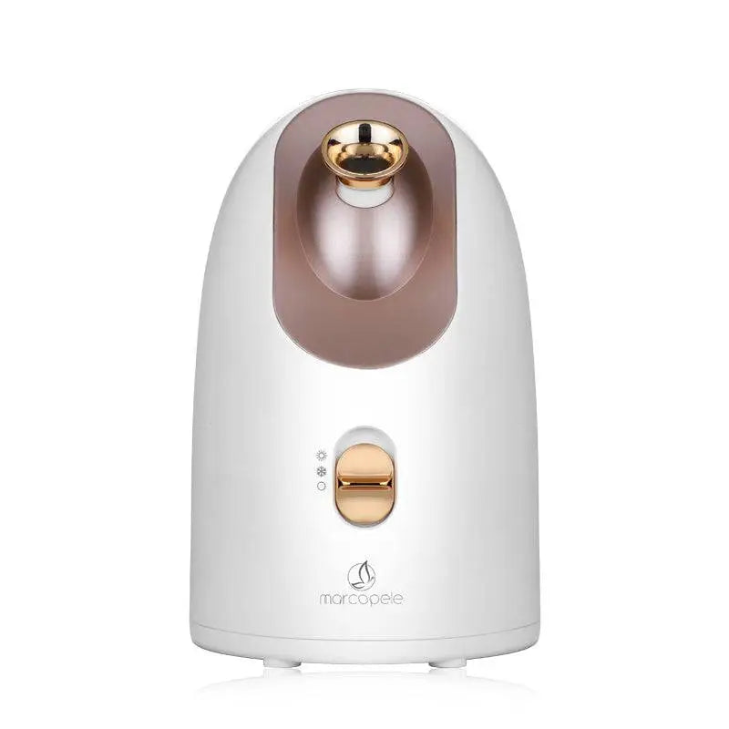 White and rose gold hot and cold face steamer dual mode device with sleek modern design and marcople logo for facial steaming