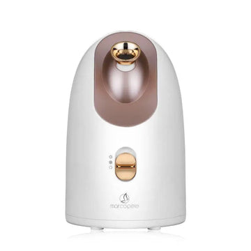 White and rose gold hot and cold face steamer dual mode device with sleek modern design and marcople logo for facial steaming