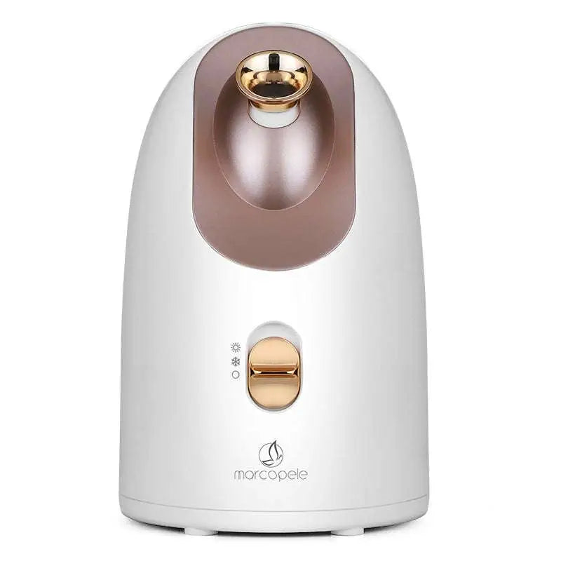 A sleek white and rose gold facial steaming dual mode device with glossy finish for hot and cold face steamer use
