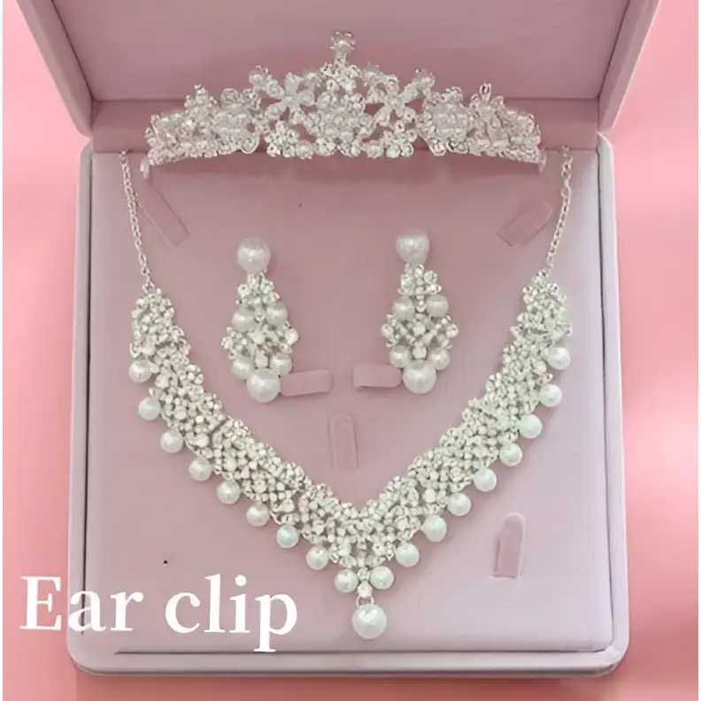 Hot bridal jewelry three piece pearl wedding set with silver tiara necklace and pearl drop earrings in ornate bridal style