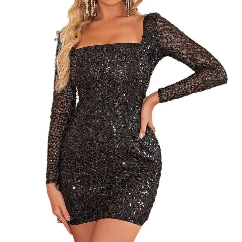 Black sequined mini dress with long sheer sleeves and square neckline for girl backless party black look