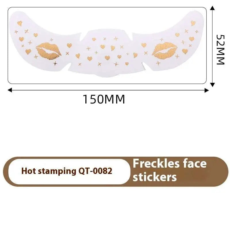 White freckles face tattoo stickers with gold hot-stamped lips and hearts featuring silver stamping heart freckle design