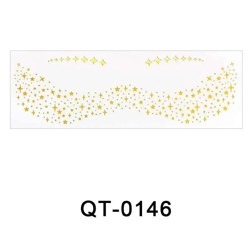 A shimmering gold star-patterned mustache shaped freckle tattoo sticker with silver stamping heart design