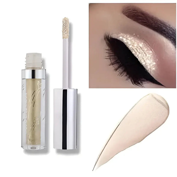 A sleek tube of hotiary glitter liquid eyeshadow with a silver cap holds shimmering eyeshadow gold metallic makeup