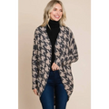 Beige houndstooth open front knit cardigan featuring bombom houndstooth pattern and cocoon knit design