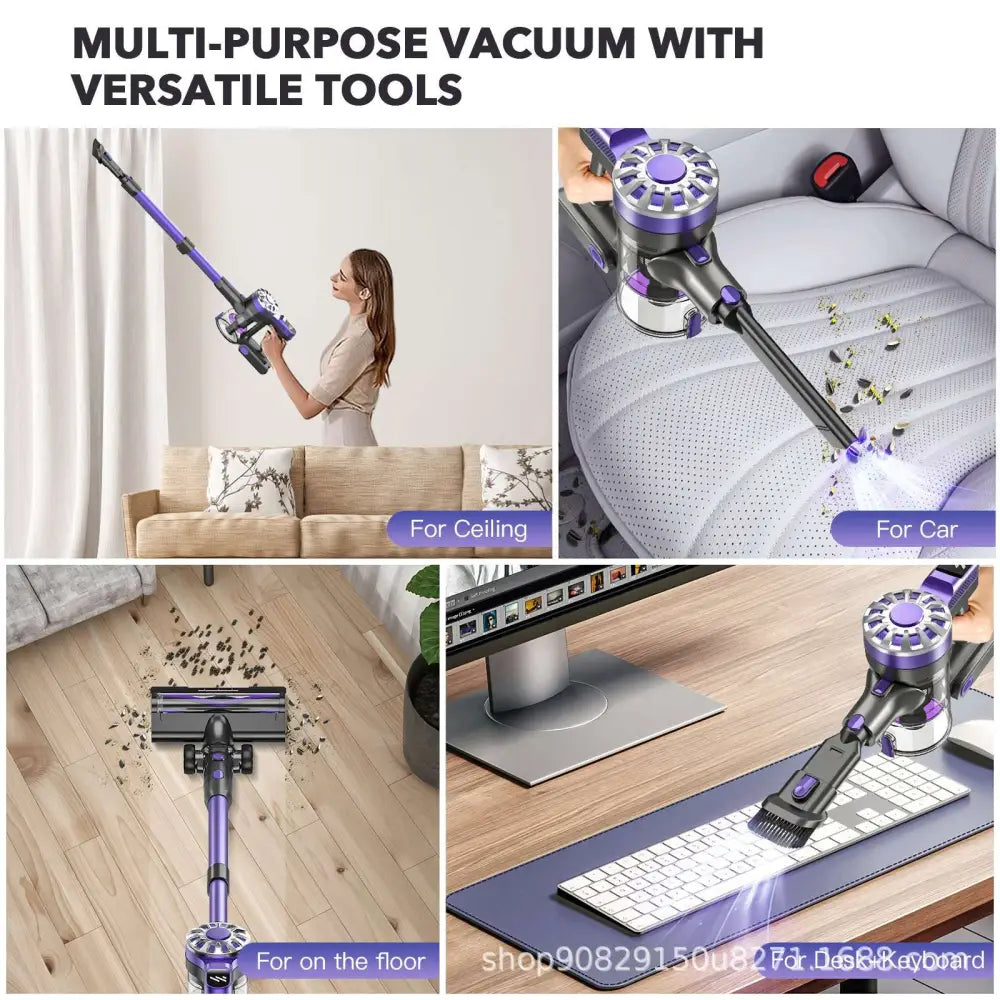 Household small portable cordless stick vacuum cleaner in purple and black with sleek modern design and 900ml dust cup