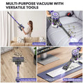 Household small portable cordless stick vacuum cleaner in purple and silver with versatile tools for multi-surface cleaning