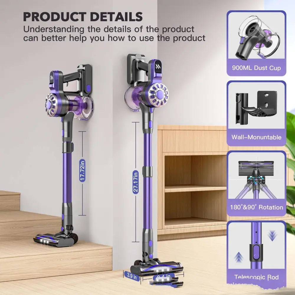Household small portable cordless stick vacuum cleaner in purple and black with sleek modern design and 900ml dust cup