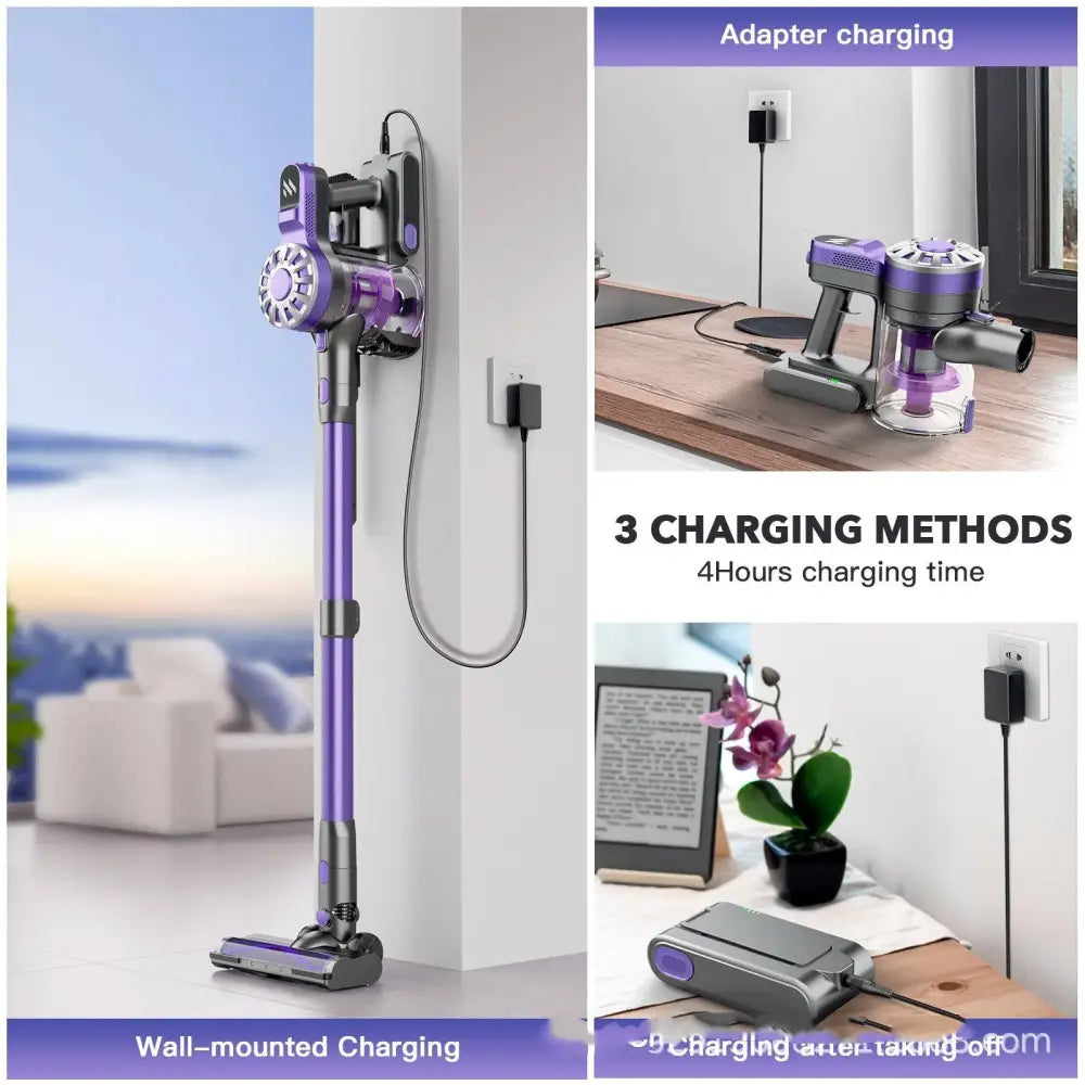 Purple and gray cordless stick vacuum with sleek modern design for household small portable cleaning tasks
