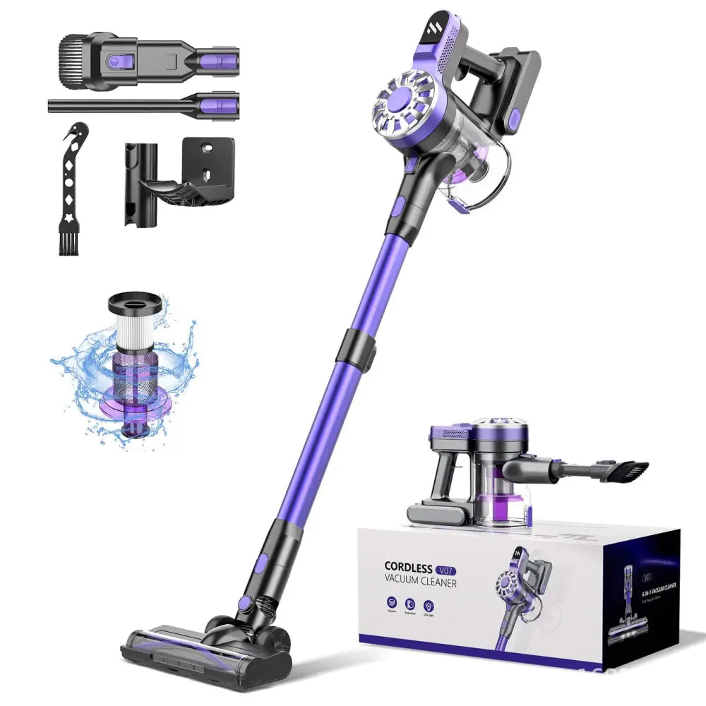 Purple and black household small portable cordless stick vacuum cleaner with sleek modern design and cordless operation