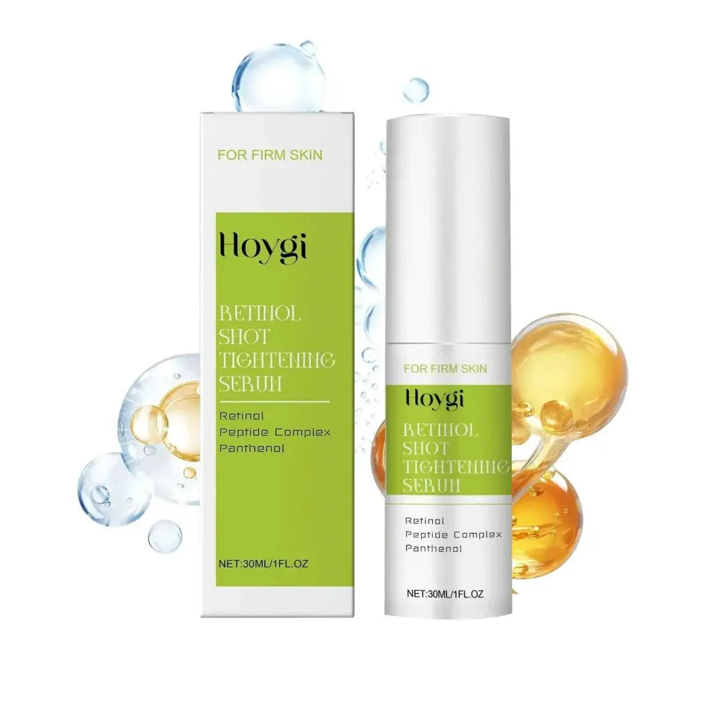 Hoygi retinol firming serum in white and green bottle with matching box featuring transparent droplet graphics for fine lines
