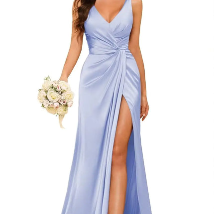 Ruched Waist Mermaid Bridemiad Dresses Plus Size for Women V Neck Lavender Satin Formal Dress with Slit Long Pleated Evening Party Dress 16
