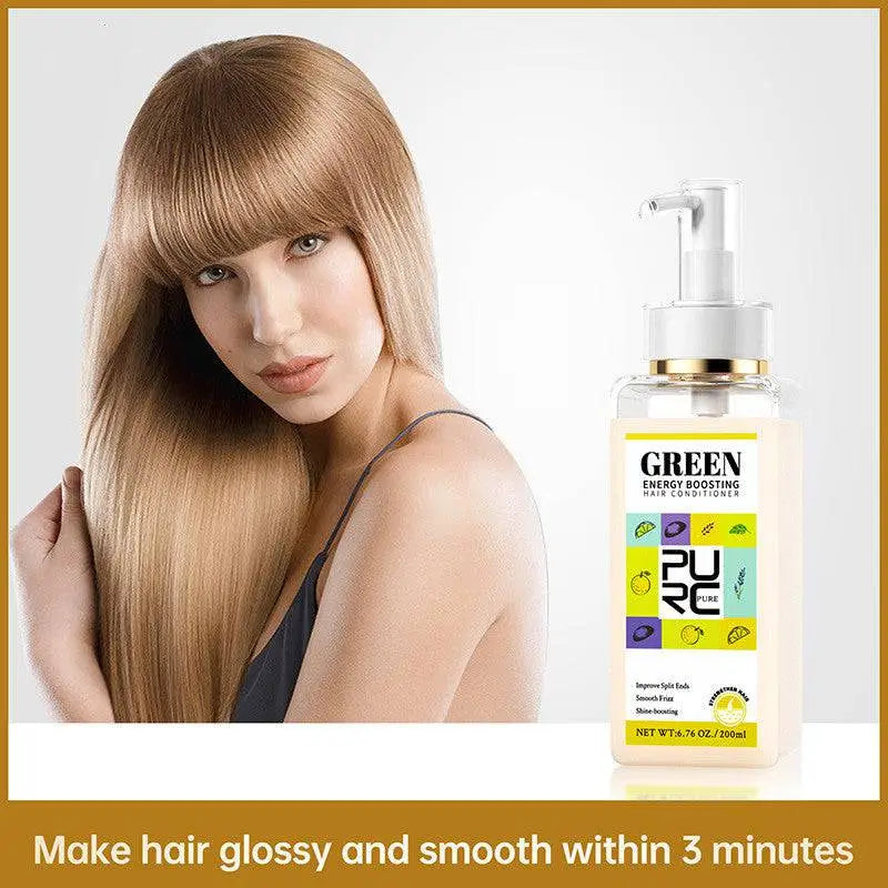 Clear glass bottle huanran hair conditioner with white pump and gold accent for hair moisturizing and green energy boosting