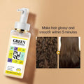 Clear glass bottle of huanran hair conditioner with white pump and gold accents for hair moisturizing and green energy boosting