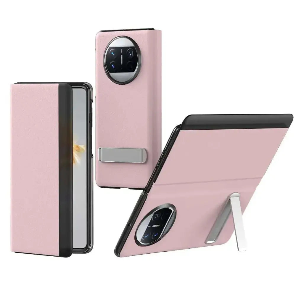 Pink leather-like mate x3 mobile smart window flip case with black trim and silver stand showing back side