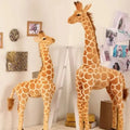 Huge realistic giraffe plush toy set featuring tan and brown spotted soft fabric bodies with detailed facial features