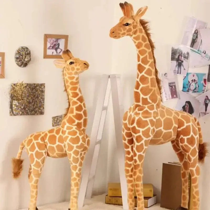Huge realistic giraffe plush toy set featuring tan and brown spotted soft fabric bodies with detailed facial features