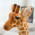 A huge realistic giraffe plush toy with soft brown and cream fur, detailed spots, large ears, and a gentle black eye in a plush toy set