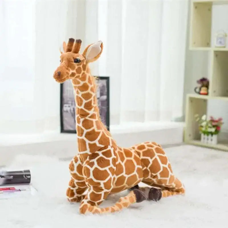 Huge realistic giraffe plush toy set featuring a soft brown and cream fabric with detailed stitching on spots and ears