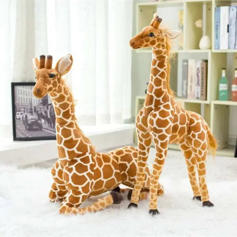 Huge realistic giraffe plush toy set featuring tan and brown spotted soft fabric bodies with detailed facial features