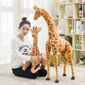 Huge realistic giraffe plush toy set featuring a tan and brown spotted soft fabric giraffe with detailed ears and eyes