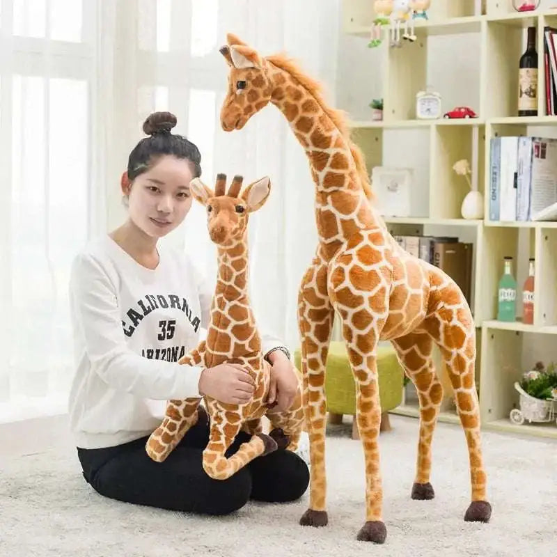 Huge realistic giraffe plush toy set featuring a tan and brown spotted soft fabric giraffe with detailed ears and eyes