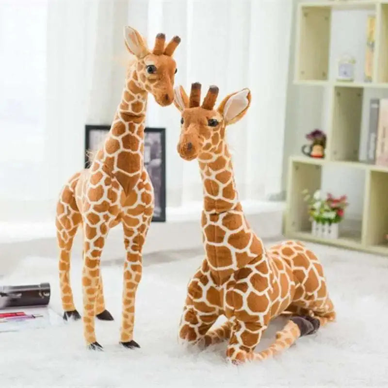 Two huge realistic giraffe plush toys in brown and cream fabric with detailed spot patterns in a plush toy set