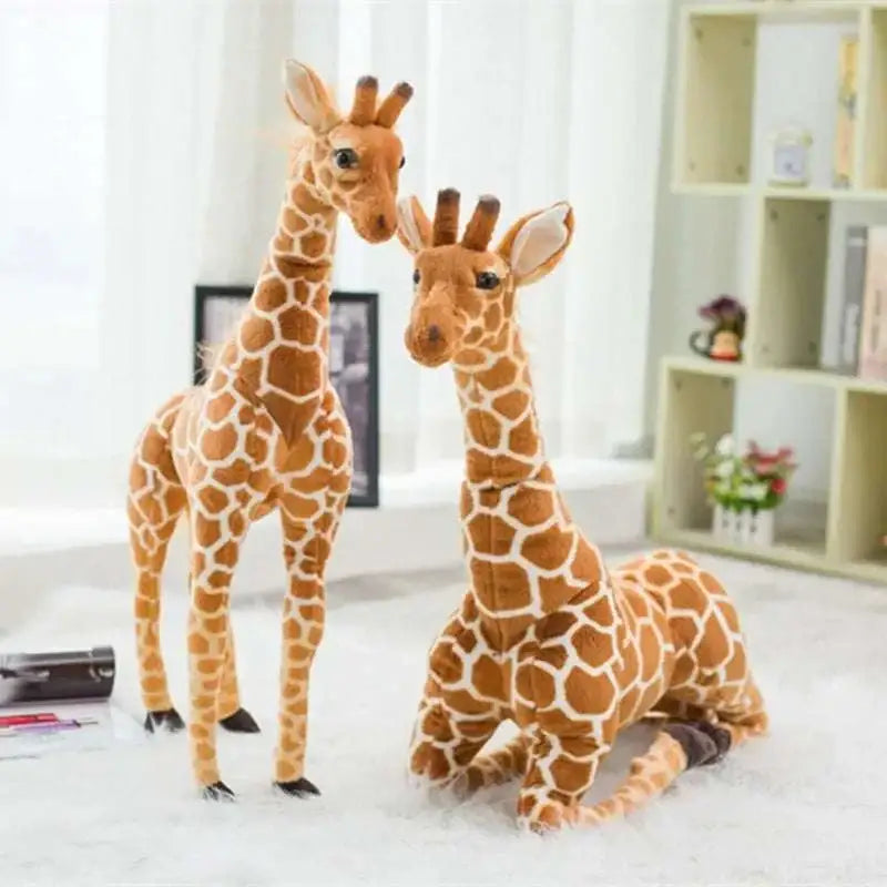 Two huge realistic giraffe plush toy set featuring soft brown and cream fabric with detailed patterns, one standing and one lying down