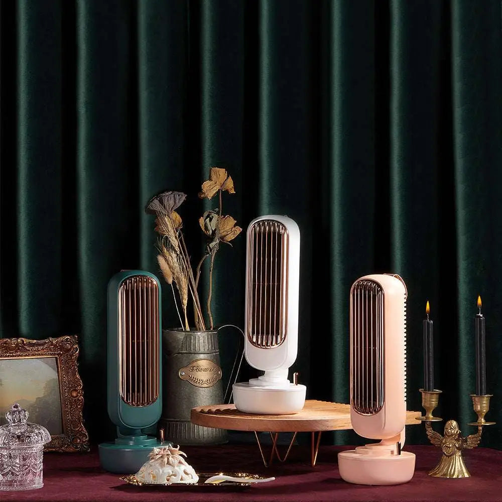 Three stylish compact humidification tower fans in teal white and blush pink with rose gold accents for personal air cooling