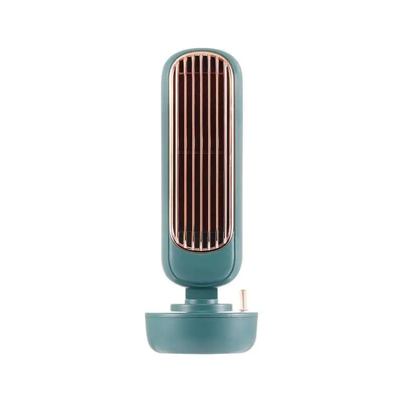Teal humidification tower fan with rose gold grille offers personal air cooling and spray fan functions for desktop use