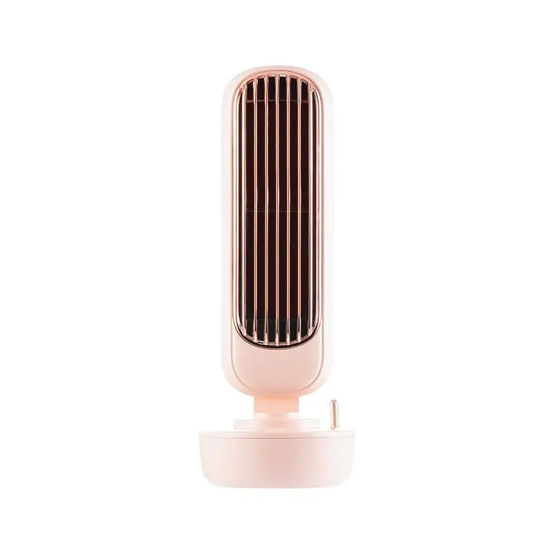 A sleek rose gold humidification tower fan with vertical slatted grille for personal air cooling and spray fan use