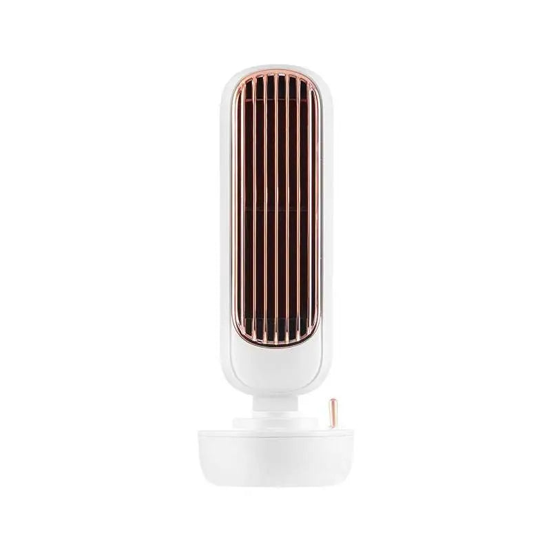 A sleek white and rose gold humidification tower fan with vertical slats for personal air cooling desktop use