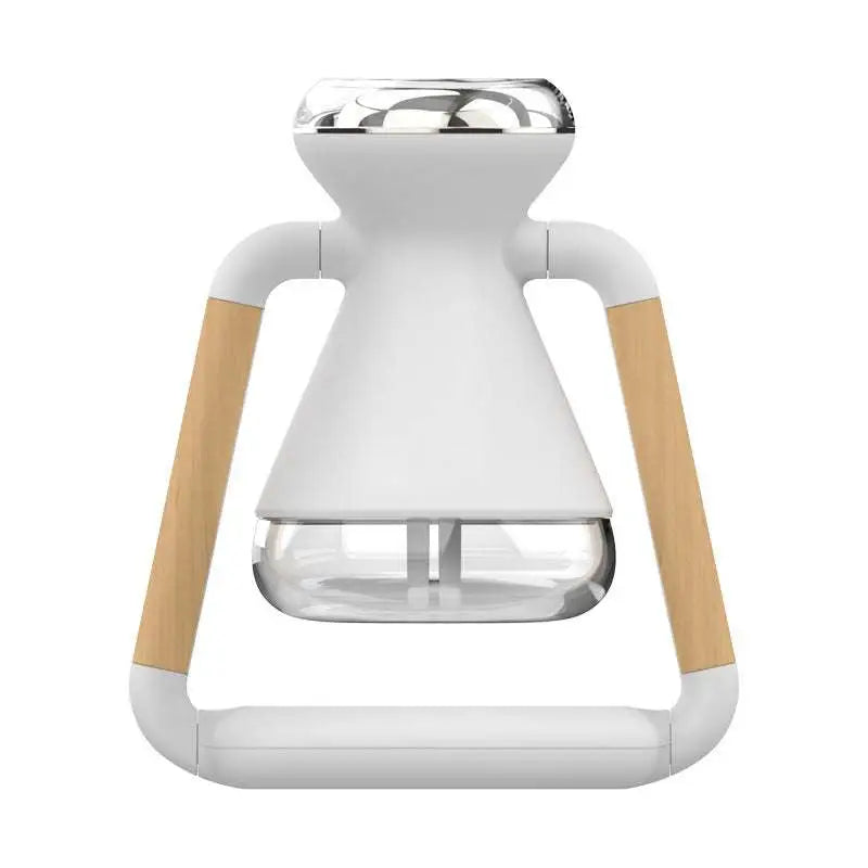 White handheld steam iron with light wood handles and clear water reservoir for humidifier usb wireless glass aroma diffuser