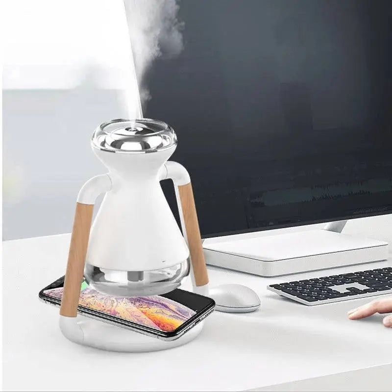 White and clear glass aroma diffuser humidifier usb wireless with wooden handles emitting gentle mist