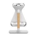 White and wood-handled steam iron with clear water tank next to humidifier usb wireless glass aroma diffuser