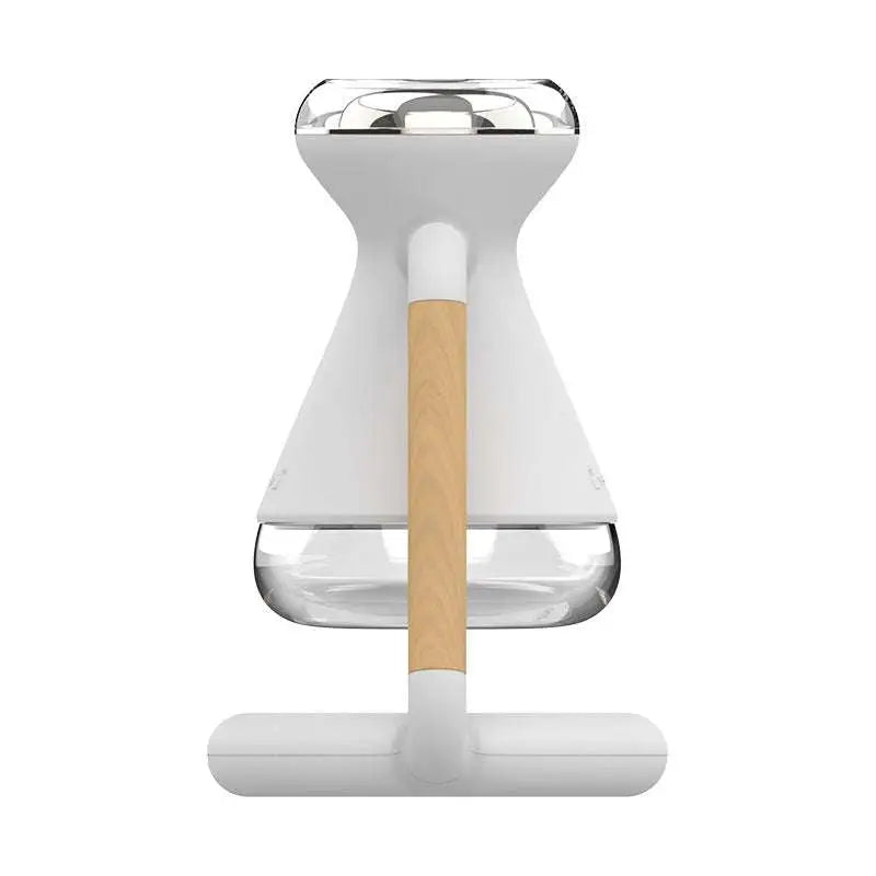 White and wood-handled steam iron with clear water tank next to humidifier usb wireless glass aroma diffuser